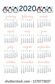 2020 calendar with penguin, A4 format, printable page for notebook, organiser, book.