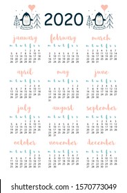 2020 calendar with penguin, A4 format, printable page for notebook, organiser, book.