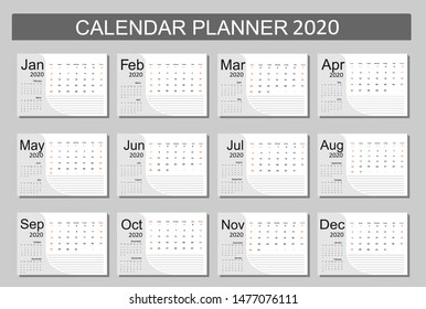 2020 Calendar Planner Design. Monthly scheduler. Week starts on Sunday. Set of 12 months. Vector illustrator.