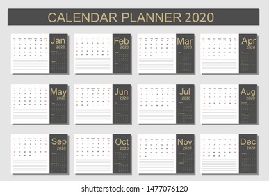 2020 Calendar Planner Design. Monthly scheduler. Week starts on Sunday. Set of 12 months. Vector illustrator.