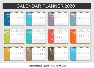 2020 Calendar Planner Design. Monthly scheduler. Week starts on Sunday. Set of 12 months. Vector illustrator.