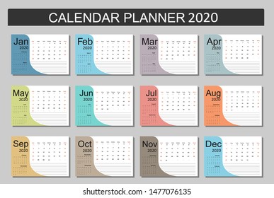 2020 Calendar Planner Design. Monthly scheduler. Week starts on Sunday. Set of 12 months. Vector illustrator.