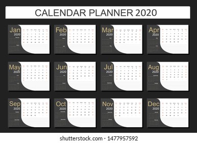 2020 Calendar Planner Design. Monthly scheduler. Week starts on Sunday. Set of 12 months. Vector illustrator.