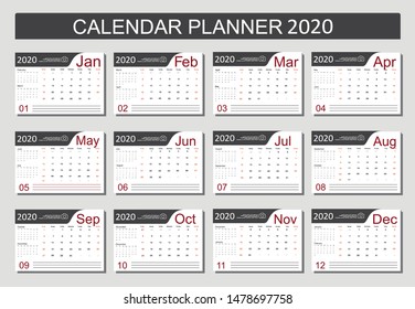 2020 Calendar Planner Design. Monthly scheduler. Week starts on Sunday. Set of 12 months. Vector illustrator.