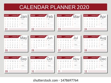 2020 Calendar Planner Design. Monthly scheduler. Week starts on Sunday. Set of 12 months. Vector illustrator.