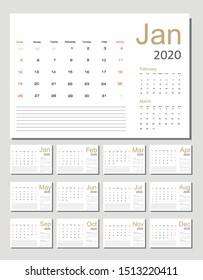 2020 Calendar Planner Design. Monthly scheduler. Week starts on Sunday. Set of 12 months. Vector illustrator.