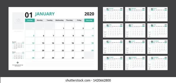 Calendario 2020 definido para la semana de diseño corporativo de plantilla comienza el domingo.