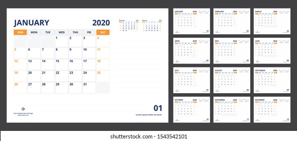 2020 calendar planner set for template corporate design week start on Sunday.