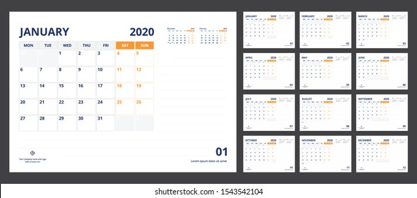 2020 Kalenderplaner für Vorlage Corporate Design Woche beginnt am Montag.