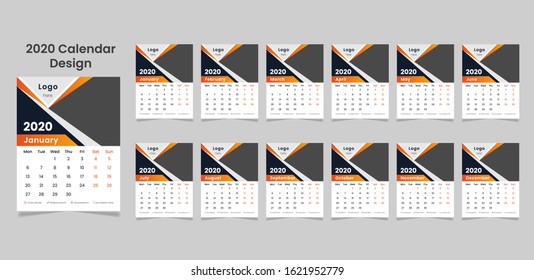 2020 calendar planner set for template corporate design week start on Sunday. Vector Design Editable Template With Set Of 12 Pages For The Twelve Months.Week Starts Sunday.
