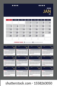 2020 Calendar planner template design. Vector illustration.