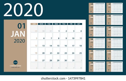2020 Calendar Planner - vector illustration. Template. Mock up.
