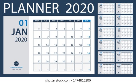 2020 Calendar Planner - vector illustration. Template. Mock up.