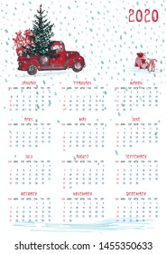 2020 Calendar planner whith red christmas truck, new year tree and celebrateted gifts. Xmas theme Week starts on Sunday. Scale A4 dimension Printable Wall calendar planner template Vector illustration