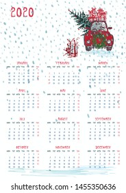2020 Calendar planner whith red christmas car, new year tree and celebrateted gifts. Xmas theme Week starts on Monday. Scale A4 dimension Printable Wall calendar planner template Vector illustration