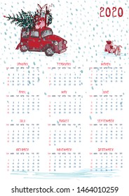 2020 Calendar planner whith red christmas truck, new year tree and celebrateted gifts. Xmas theme Week starts on Sunday. Scale A4 dimension Printable Wall calendar planner template Vector illustration