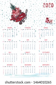 2020 Calendar planner whith red christmas truck, new year tree and celebrateted gifts. Xmas theme Week starts on Sunday. Scale A4 dimension Printable Wall calendar planner template Vector illustration