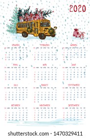 2020 Calendar planner whith with yellow school bus, new year tree and celebrateted gifts. Xmas theme Week starts on Sunday. A4 dimension. Printable Wall calendar planner template Vector illustration