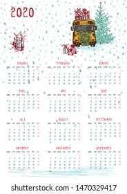 2020 Calendar planner whith with yellow school bus, new Monday. A4 dimension. Printable Wall calendar planner template Vector illustration