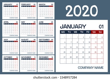 2020 Calendar Planner. Planner 2020 year. Calendar design template. Сolor vector. Week starts on Monday. Minimal table planning