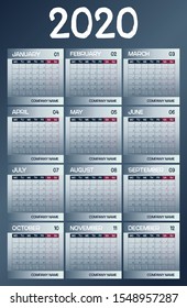 2020 Calendar Planner. Planner 2020 year. Calendar design template. Сolor vector. Week starts on Monday. Minimal table planning