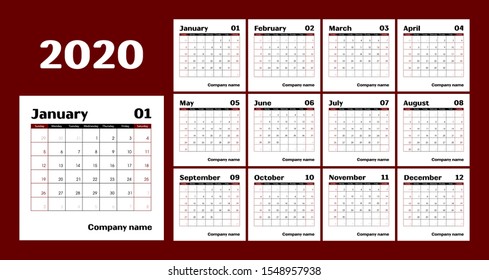 2020 Calendar Planner. Planner 2020 year. Calendar design template. Сolor vector. Week starts on Sunday. Minimal table planning