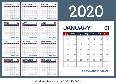 2020 Calendar Planner. Planner 2020 year. Calendar design template. Сolor vector. Week starts on Sunday. Minimal table planning