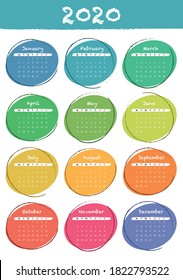 2020 Calendar Planner. Planner 2020 year. Calendar design template. English calender. Сolor vector. Week starts on Monday. Minimal table planning