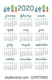 2020 calendar with plants, A4 format, printable page for notebook, organiser, book.
