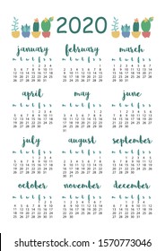 2020 calendar with plants, A4 format, printable page for notebook, organiser, book.
