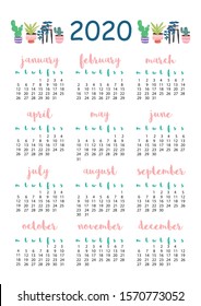 2020 calendar with plants, A4 format, printable page for notebook, organiser, book.
