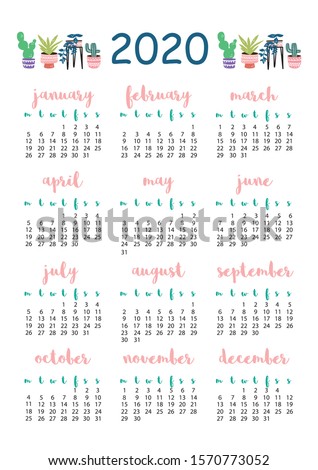 2020 calendar with plants, A4 format, printable page for notebook, organiser, book.
