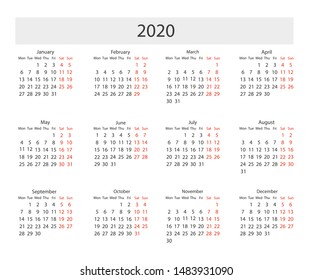 2020 calendar pocket basic grid template, flat vector illustration