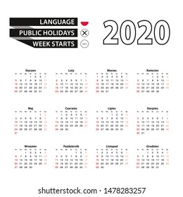 2020 calendar in Polish language, week starts from Sunday. Vector Illustration.