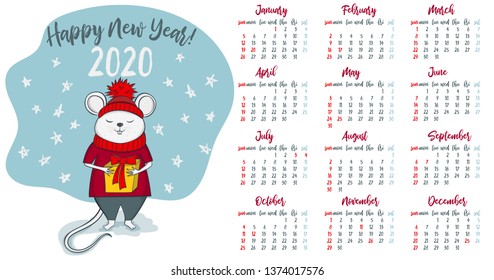 2020 Calendar Print Template with USA Federal Holidays. Cute Mouse or Rat for Happy New Year 2020 Holding a Gift Box. Vector Cartoon Funny Mascot Winter Character.