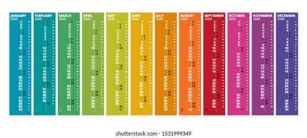 2020 Calendar. Print Template. Week Starts Sunday. Portrait Orientation. Set of 12 Months. Planner for 2020 Year.
