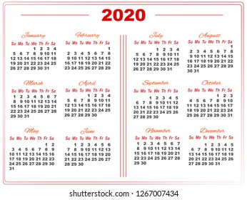 2020 calendar with red numbers in two columns with delimiters