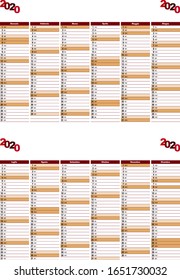 2020 calendar with red tints