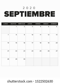 2020 Calendar September, Black and white. Spanish