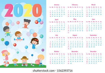 2020 calendar set. Colorful Merry Christmas 2020 kids background, happy child jumping with Happy new year, Template for advertising brochure. poster Happy new year Vector Illustration