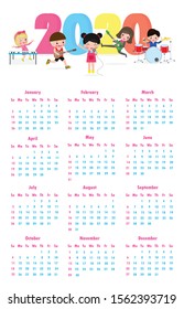 2020 calendar set. Colorful Merry Christmas 2020 kids background, happy child jumping with Happy new year, Template for advertising brochure. poster Happy new year Vector Illustration