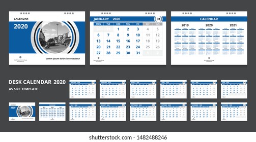 2020 calendar. Set desk calendar for template corporate design. Week start on Monday.