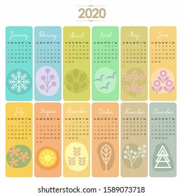 2020 Calendar set with vertical banners or cards. Weeks start with Sunday.
