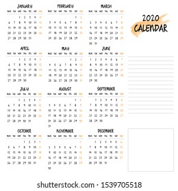 2020 calendar with side for notes