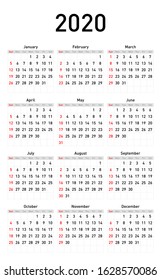 2020 calendar in simple style on a white background
