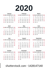 2020 calendar in simple style. Vector. 2020 year pocket template in minimal design. Week starts Sunday. Yearly calendar organizer for weeks. Portrait orientation illustration. 