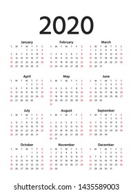 2020 calendar in simple style. Vector. Stationery 2020 year template in minimal design. Week starts Sunday. Portrait orientation illustration. Yearly calendar organizer for weeks.