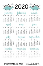 2020 calendar with small cute dinosaurs, A4 format, printable page for notebook, organiser, book.