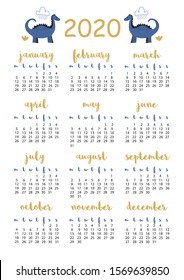 2020 calendar with small cute dinosaurs, A4 format, printable page for notebook, organiser, book.