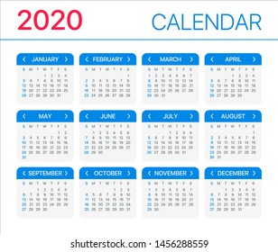 2020 calendar - Sunday to Sunday - Vector Template